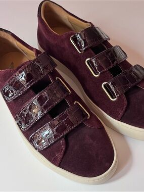 Bobbies Paris Miles Burgundy Suede Croc Patent Leather 3-Strap Sneakers EU 35/5